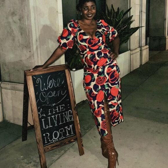 MELLODAY Dresses & Skirts - MELLODAY Puff Sleeve Poplin Faux Wrap Dress Size M